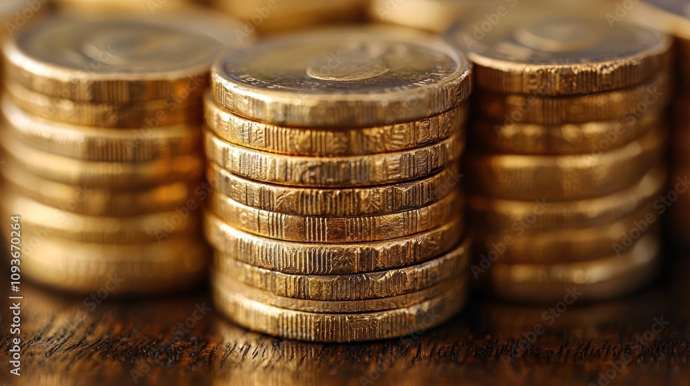 A Close-up of Golden Coins Stacked on a Wooden Surface A Close-up of Golden Coins Stacked on a Wooden Surface