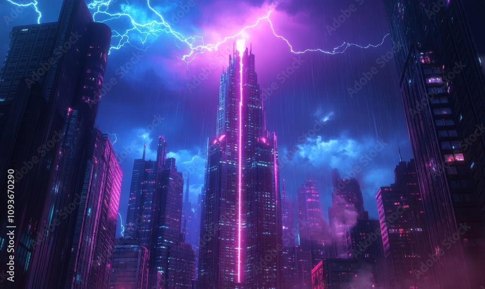Obraz premium A bright lightning bolt strikes the sky above a glowing skyscraper at night