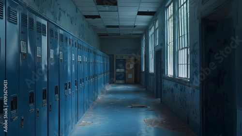 Blue metal lockers lining nondescript high school hallway with windows, high school, lockers, metal, blue, hallway