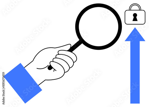 Hand holding magnifying glass directed at lock and arrow. Ideal for security, analysis, investigation, data protection, privacy, research, and scrutiny. Line metaphor
