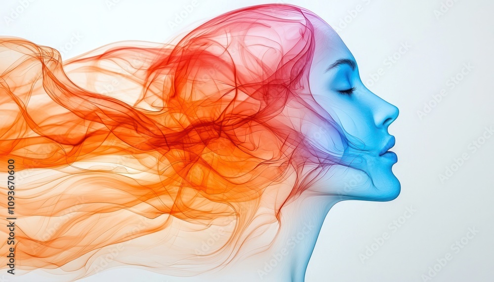 Abstract Portrait of a Woman with Flowing Orange and Blue Smoke Abstract Portrait of a Woman with Flowing Orange and Blue Smoke