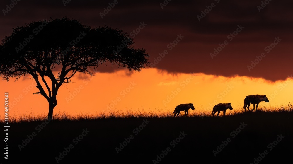 Hyenas gather in the twilight shadows of the Savannah, their mischievous interactions highlighting their crucial role in this balanced yet harsh ecosystem. Hyenas gather in the twilight shadows of the Savannah, their mischievous interactions highlighting their crucial role in this balanced yet harsh ecosystem.