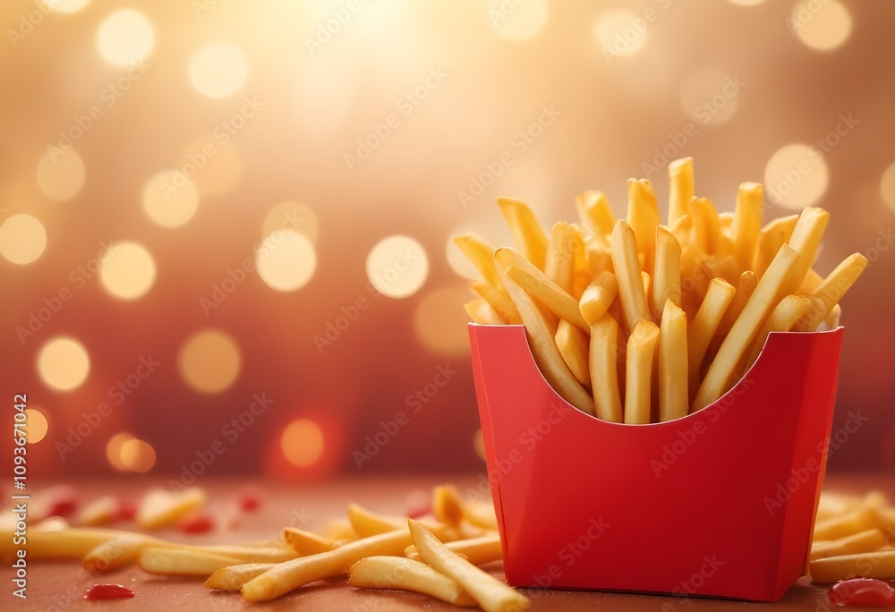 french fries in red box on bokeh background french fries in red box on bokeh background