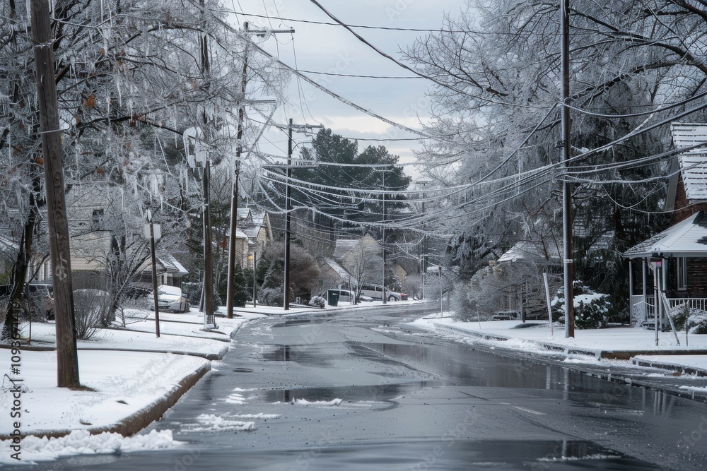 Icy Suburban Neighborhood Scene After Freezing Rain with Slick Roads and Icicles Icy Suburban Neighborhood Scene After Freezing Rain with Slick Roads and Icicles
