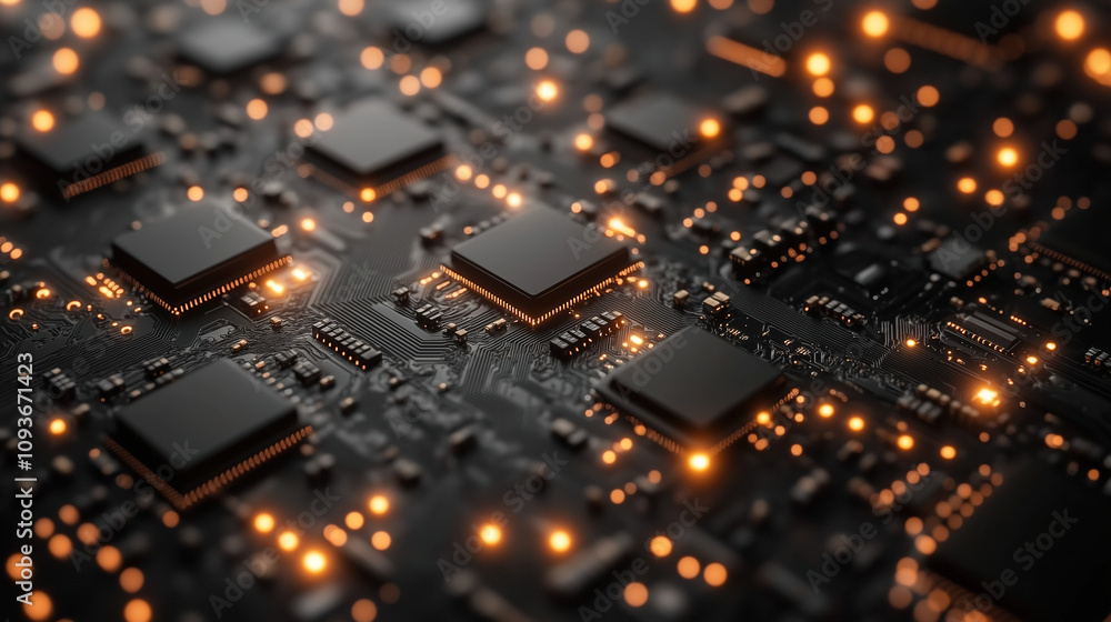 Close-up view of a circuit board with glowing lights and microchips at night. Generative AI Close-up view of a circuit board with glowing lights and microchips at night. Generative AI