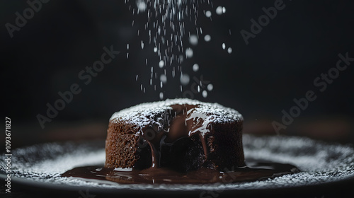 A decadent chocolate lava cake with melted chocolate oozing out topped with powdered sugar. photo