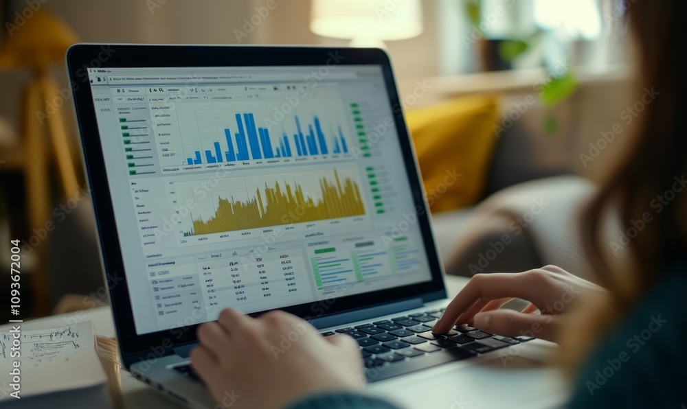 A person analyzing data on their laptop, with the screen showing graphs and tables of traffic analytics. close up A person analyzing data on their laptop, with the screen showing graphs and tables of traffic analytics. close up