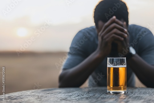 Back view of a depressed Black male drinker sitting in a therapy session, holding a glass and engaging in conversation, symbolising seeking help and emotional healing