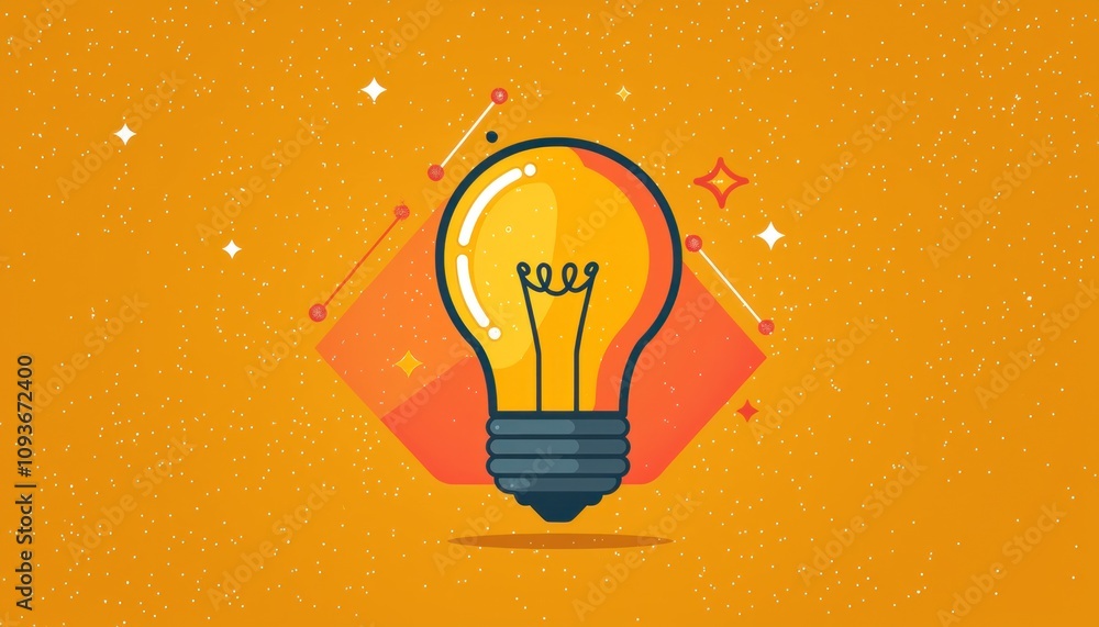 Illuminated Lightbulb with Stars and Geometric Shapes on Orange Background