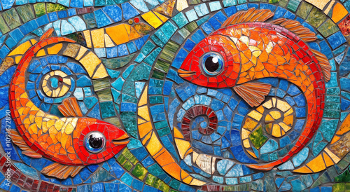Colorful artistic mosaic of fish and swirls, colorful background , detailed.