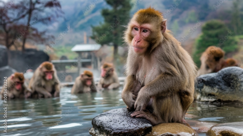 Naklejka premium A hot tub for snow monkeys at the monkey Park in Japan. This is the only place in the wild where you can watch monkeys relaxing in natural hot springs.