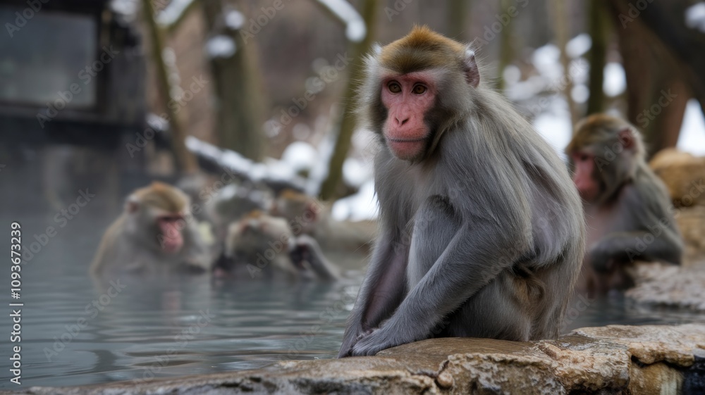 Naklejka premium A hot tub for snow monkeys at the monkey Park in Japan. This is the only place in the wild where you can watch monkeys relaxing in natural hot springs.