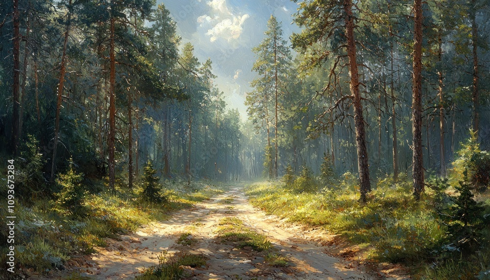 Obraz premium Sunlit Path Through a Dense Pine Forest