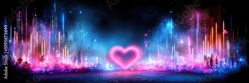 Neon heart in vibrant fantasy cityscape with colorful light trails. Happy Valentine's Day. 14 february.