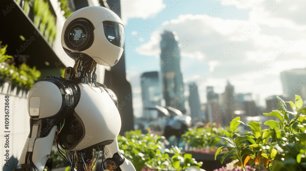 Futuristic robot in urban setting Futuristic robot in urban setting