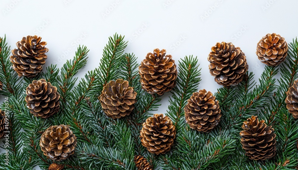 Fototapeta premium Pine Cones and Evergreen Branches on a White Background