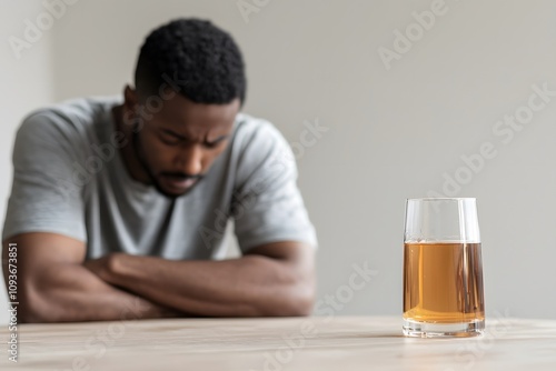 Back view of a depressed Black male drinker sitting in a therapy session, holding a glass and engaging in conversation, symbolising seeking help and emotional healing