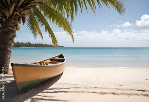 a wooden boat on the beach near palm trees