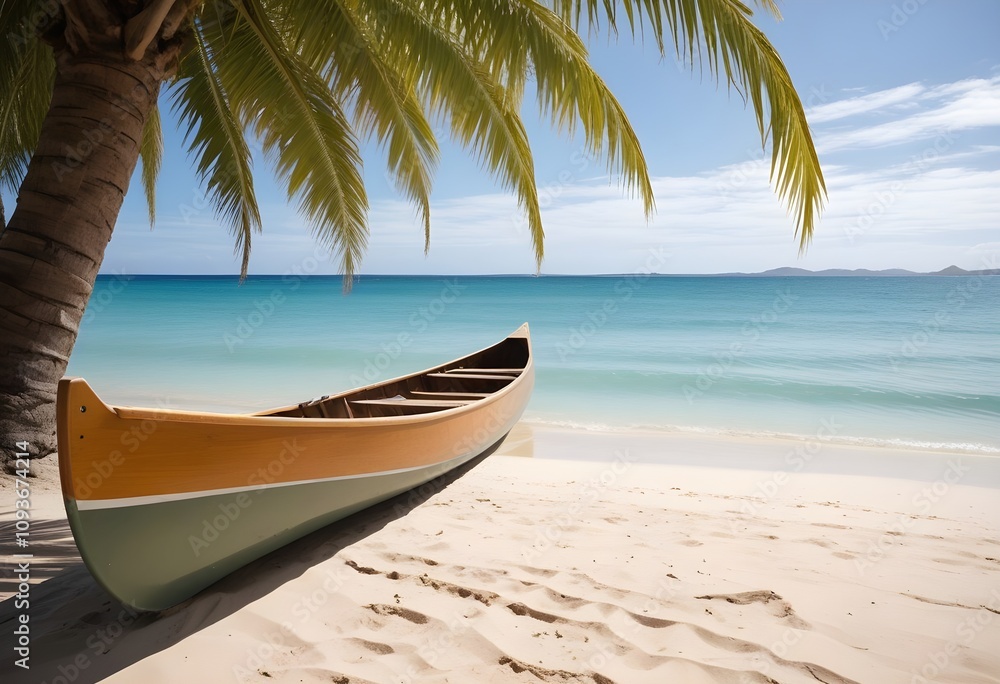 a wooden boat on the beach near palm trees a wooden boat on the beach near palm trees