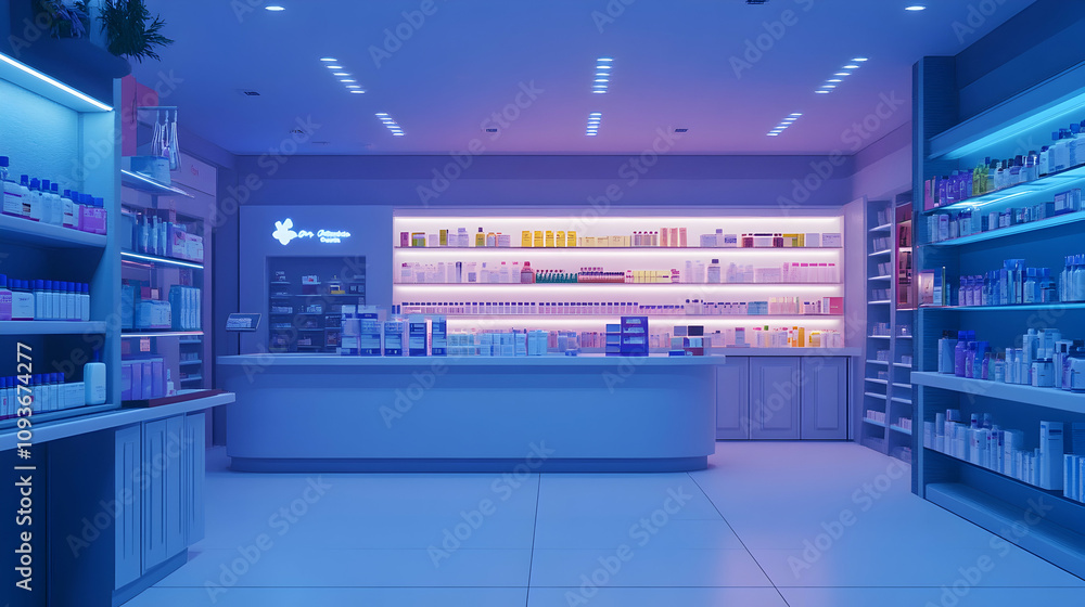 Drugstore showcasing a wide range of dynamic pharmaceutical items in a sleek and organized setting.4k image Drugstore showcasing a wide range of dynamic pharmaceutical items in a sleek and organized setting.4k image