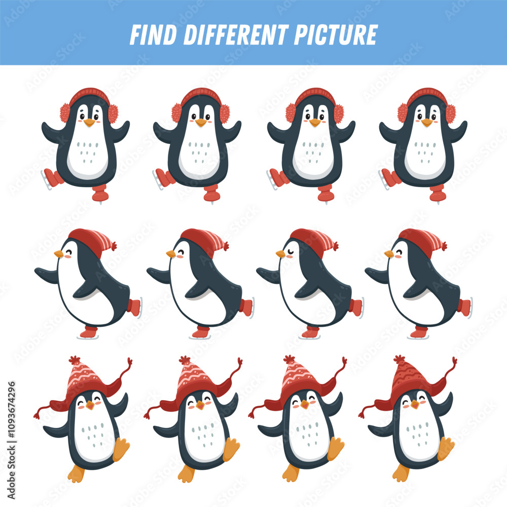 Obraz premium Find different picture each row. Logical game with penguins for kids. Cartoon character. Educational game. Activity page with funny penguin. Vector