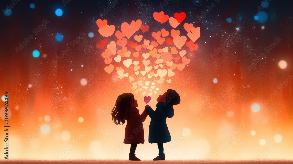 Silhouette of children blowing heart-shaped bubbles against a magical sunset background. Happy Valentine's Day. 14 february. Silhouette of children blowing heart-shaped bubbles against a magical sunset background. Happy Valentine's Day. 14 february.