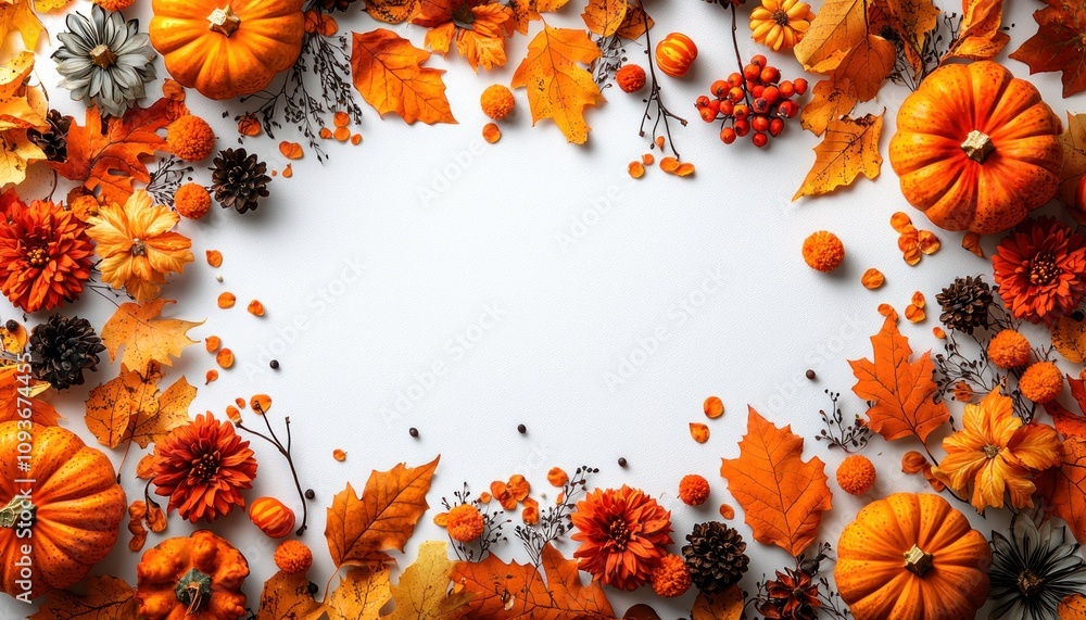 Obraz premium Autumnal Frame with Pumpkins, Leaves, and Flowers