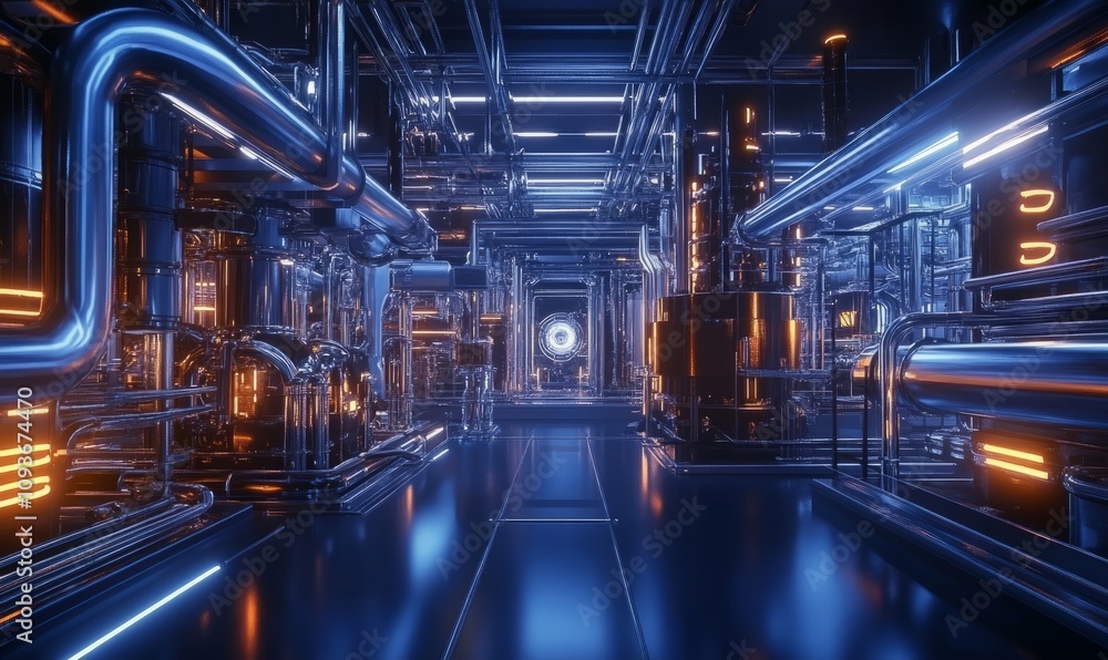 A futuristic industrial setting with glowing pipes and machinery A futuristic industrial setting with glowing pipes and machinery