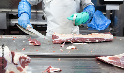Skilled worker butchering meat in a clean processing facility during daylight hours