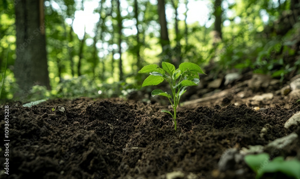 A small green plant sprouting from rich soil in a forest A small green plant sprouting from rich soil in a forest