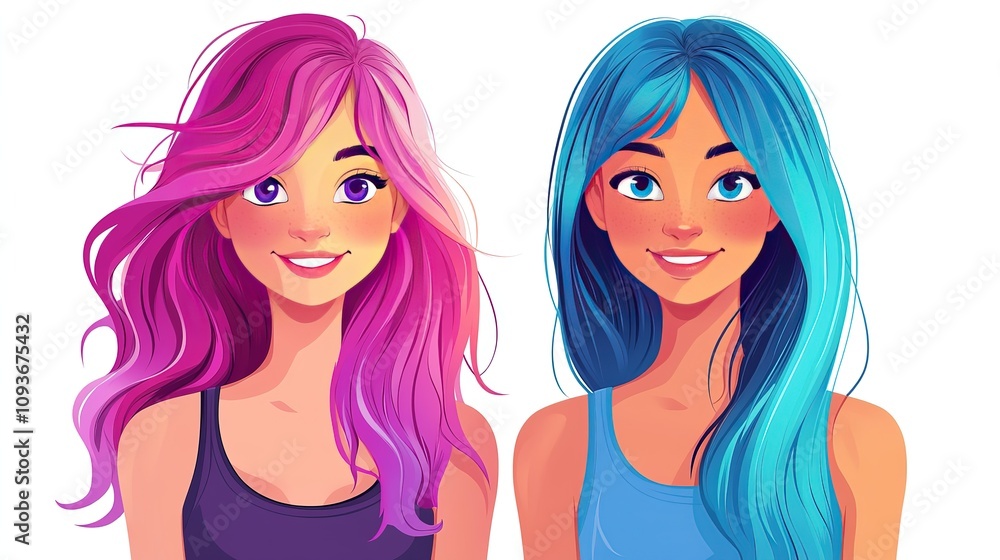 Two smiling girls with vibrant pink and blue hair. Two smiling girls with vibrant pink and blue hair.