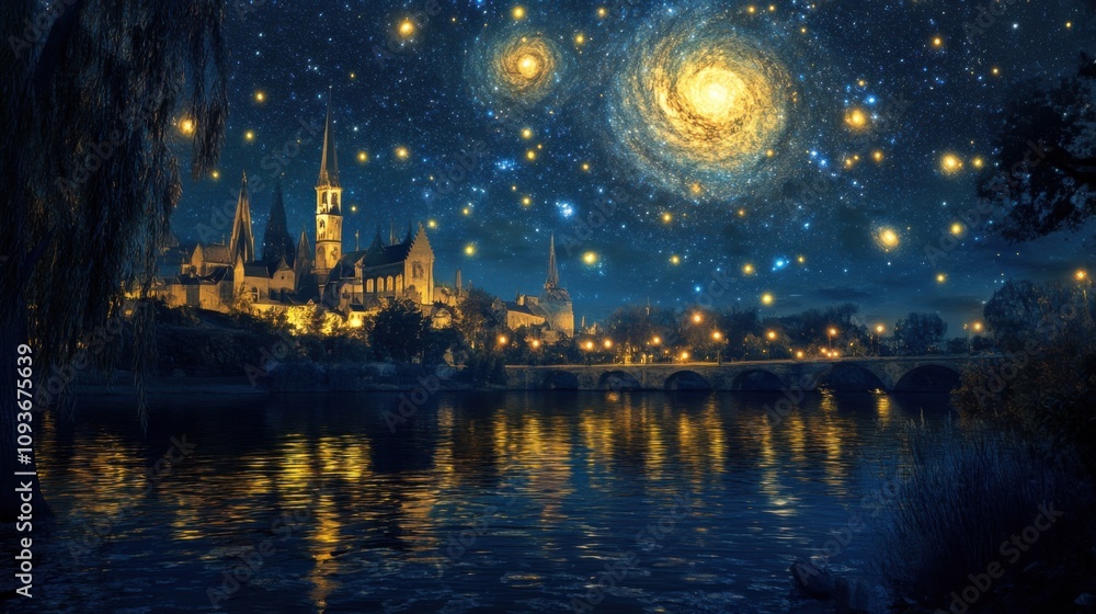 Night cityscape with galaxies and river