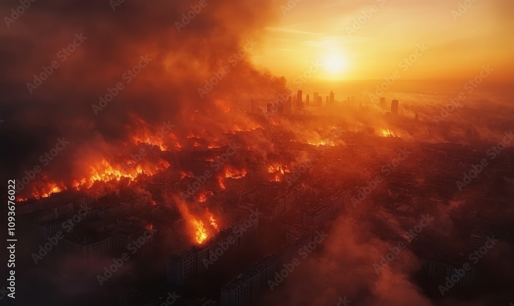 A dramatic aerial view of a city engulfed in fire, with smoke and flames filling the sky. A dramatic aerial view of a city engulfed in fire, with smoke and flames filling the sky.
