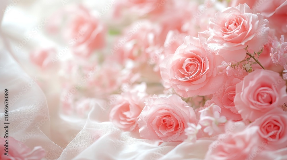 A soft focus image of delicate pink roses arranged with lighter floral elements on a silky background A soft focus image of delicate pink roses arranged with lighter floral elements on a silky background