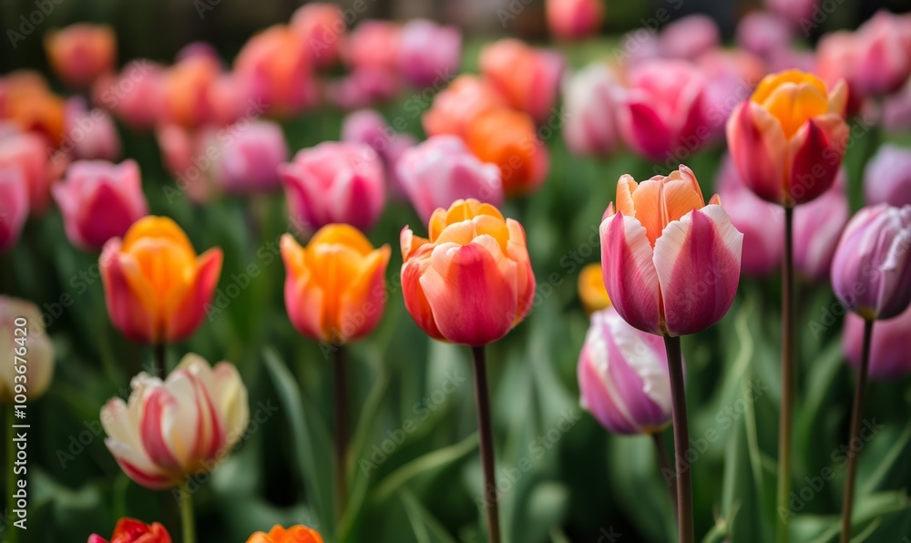 Fototapeta premium A field of multicolored tulips blooming in springtime