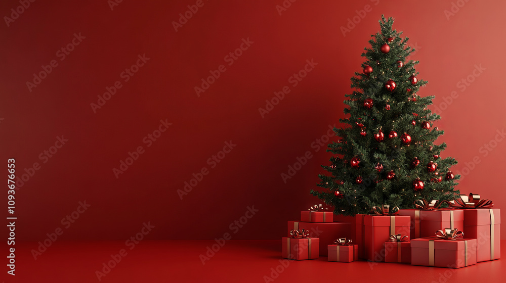Decorated Christmas tree with red ornaments and gifts on a red background. Studio holiday photography with copy space. Christmas celebration and festive season concept. Decorated Christmas tree with red ornaments and gifts on a red background. Studio holiday photography with copy space. Christmas celebration and festive season concept.