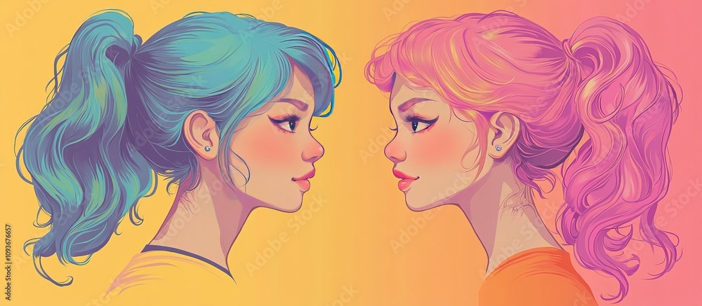 Two women face each other, profile view, pastel hair. Two women face each other, profile view, pastel hair.