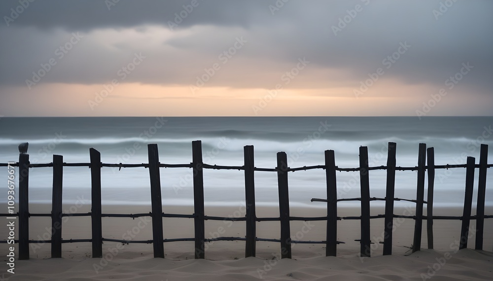 Fototapeta premium a fence is in front of the ocean at sunset