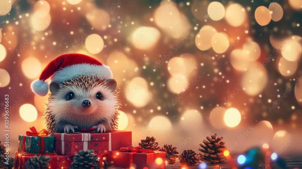 Adorable hedgehog in a Santa hat sitting on Christmas gifts surrounded by pinecones and lights with a bokeh background. Festive holiday artwork for seasonal design. Adorable hedgehog in a Santa hat sitting on Christmas gifts surrounded by pinecones and lights with a bokeh background. Festive holiday artwork for seasonal design.