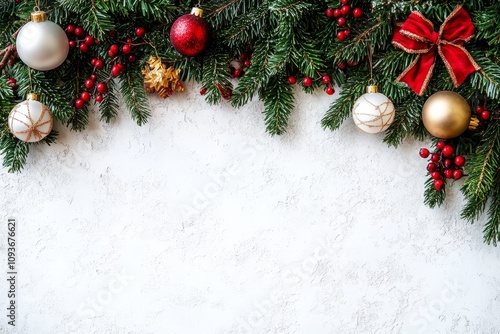 Wide arch shaped Christmas border isolated on white, composed of fresh fir branches and ornaments in red. photo