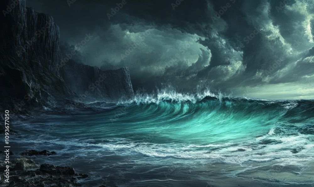 A clear turquoise wave curls near dark, jagged cliffs, with a stormy sky looming overhead A clear turquoise wave curls near dark, jagged cliffs, with a stormy sky looming overhead