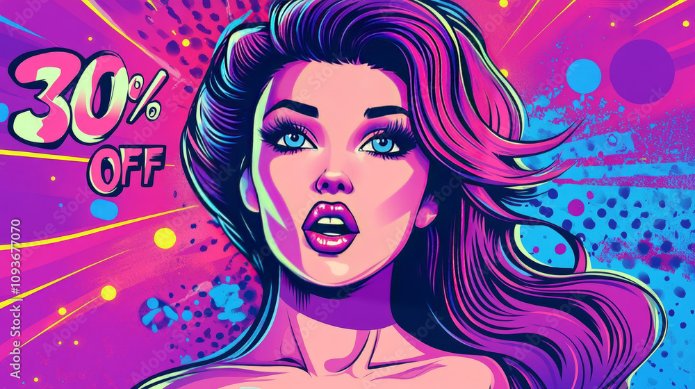 Pop art illustration of a surprised woman with bold makeup and flowing hair, featuring '30% Off' text in vibrant colors. Retro comic style design for sales and promotions. Pop art illustration of a surprised woman with bold makeup and flowing hair, featuring '30% Off' text in vibrant colors. Retro comic style design for sales and promotions.