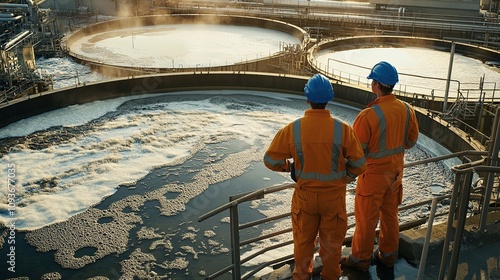 Two workers observe wastewater treatment plant.