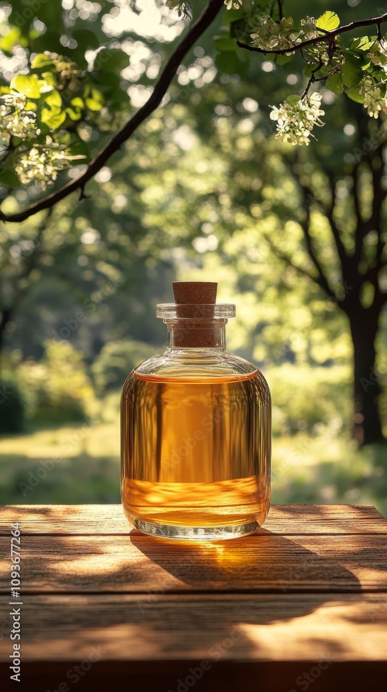 A glass bottle of oil in sunlight. A glass bottle of oil in sunlight.