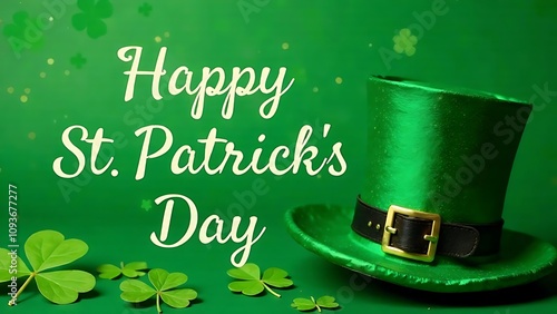 Words "Happy St Patrick's Day" on green background, maple leaf, green hat