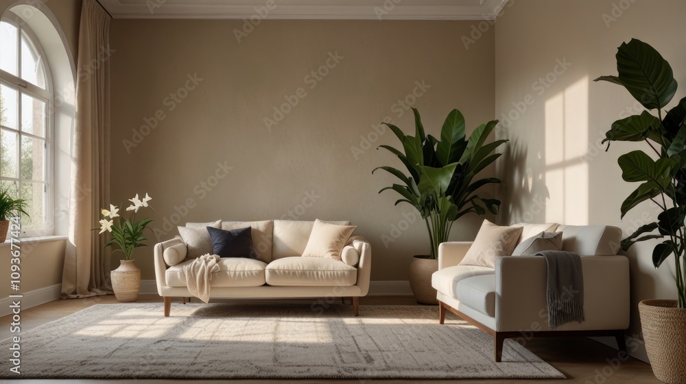 Sunlit living room with beige sofas, plants, and arched window. Sunlit living room with beige sofas, plants, and arched window.