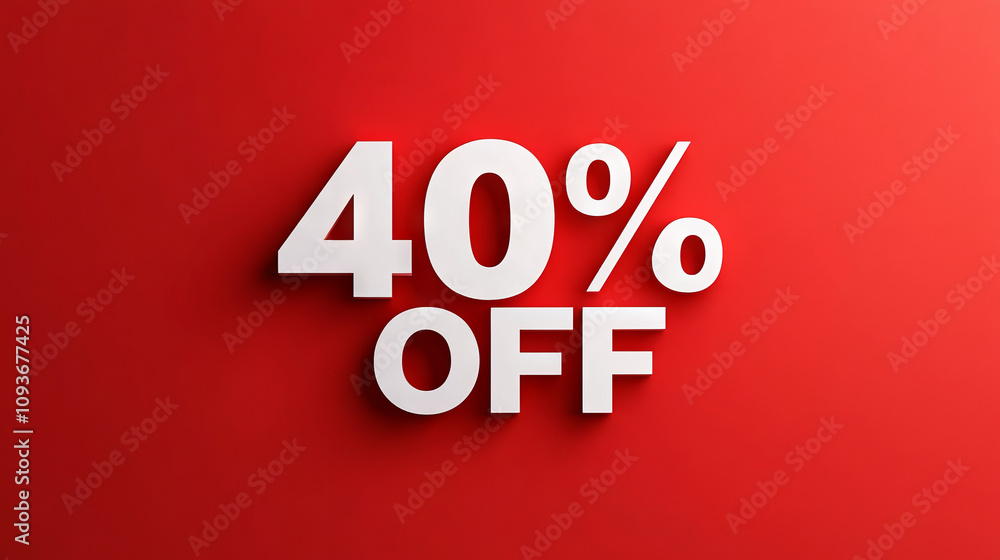3D text displaying '40% OFF' in bold white letters on a solid red background. Minimalist promotional design with copy space for advertising. Suitable for banners, posters, and headers. 3D text displaying '40% OFF' in bold white letters on a solid red background. Minimalist promotional design with copy space for advertising. Suitable for banners, posters, and headers.