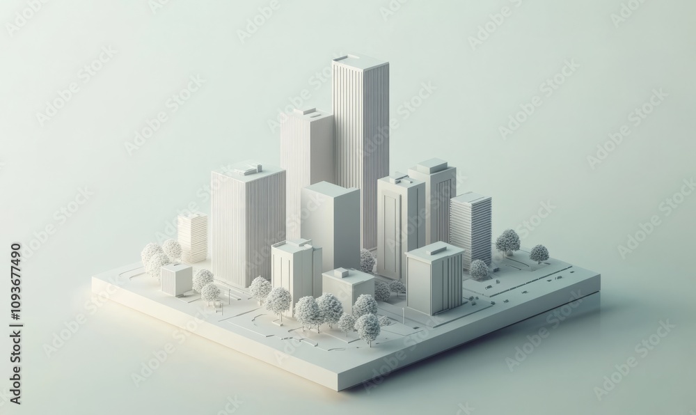A minimalistic, isometric 3D, model of the urban landscape with clean, simple lines and geometric shapes A minimalistic, isometric 3D, model of the urban landscape with clean, simple lines and geometric shapes