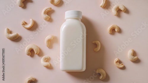 Bottle of cashew milk surrounded by raw nuts on pink surface photo