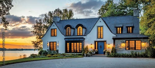 Waterfront home at sunset.